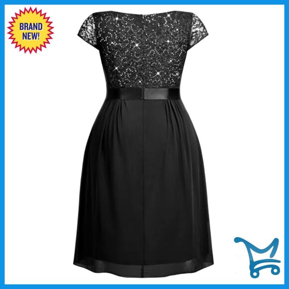 Sequin Lace V-Neck Tiered Chiffon Cocktail Dress Plus Size Elegant Party - Picture 6 of 7